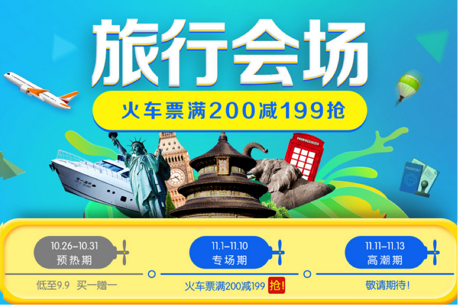 京东旅行11.11出行优惠最强音 火车票满200减199